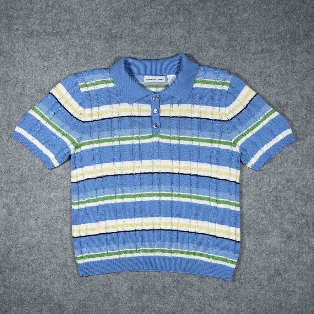 Alfred Dunner Polo Shirt Women Size Small Striped Blue White Cuffed Short Sleeve